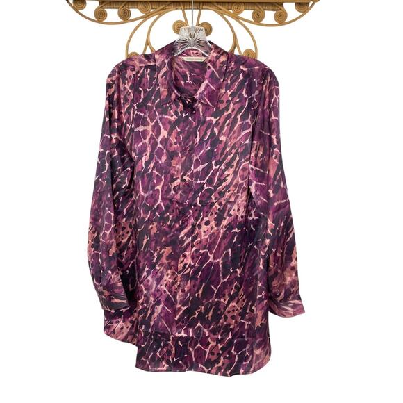 Soft Surroundings 100% Silk Purple Animal Print Button-Up Tunic Shirt M - Picture 2 of 5